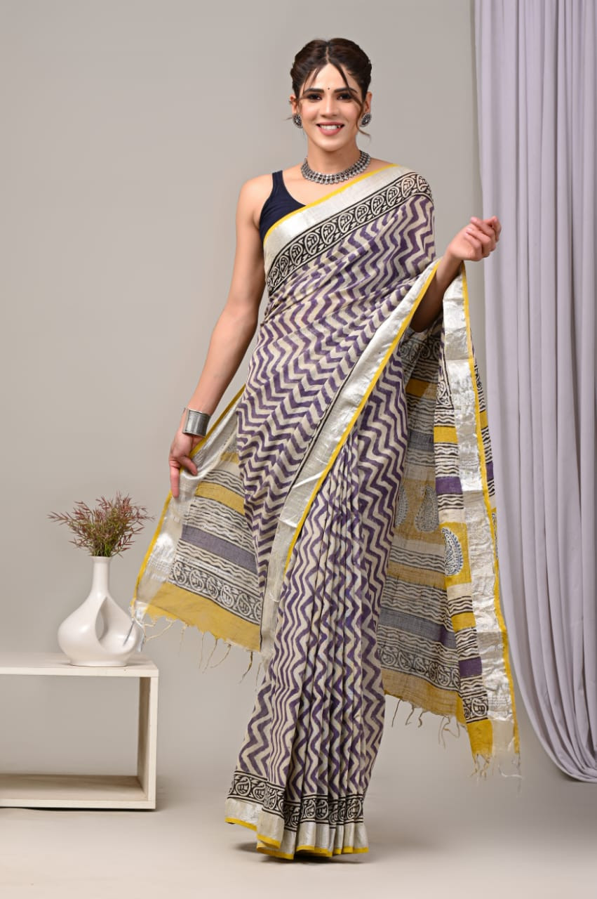Grey and Purple Zigzag Hand Block Print Linen Saree with Yellow and Silver Border.