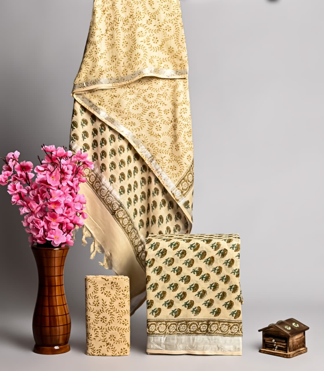 Cream  Hand Block Printed Linen Cotton Suit