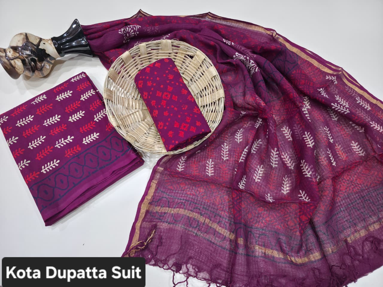 Magenta & Red Dabu Hand Block Print Cotton Suit with a sheer Kota Doria Dupatta.