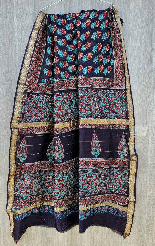 Navy blue Maheshwari silk cotton blend hand block print saree with zari border and traditional motifs.