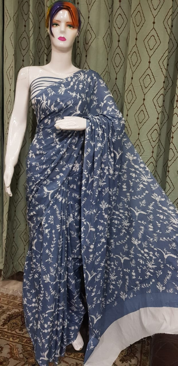 Slate Blue Cotton Saree with Delicate White Botanical Sprig Print and Minimalist Border.