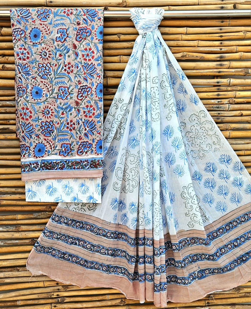 Jaipuri Hand-Block Print Cotton Suit Set in Beige, Blue & Red