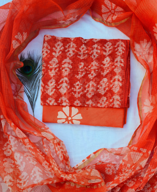 Orange and White Floral Handblock Printed Cotton Kota Doria 2.5m top & dupatta and 2.5m cotton cambric bottom