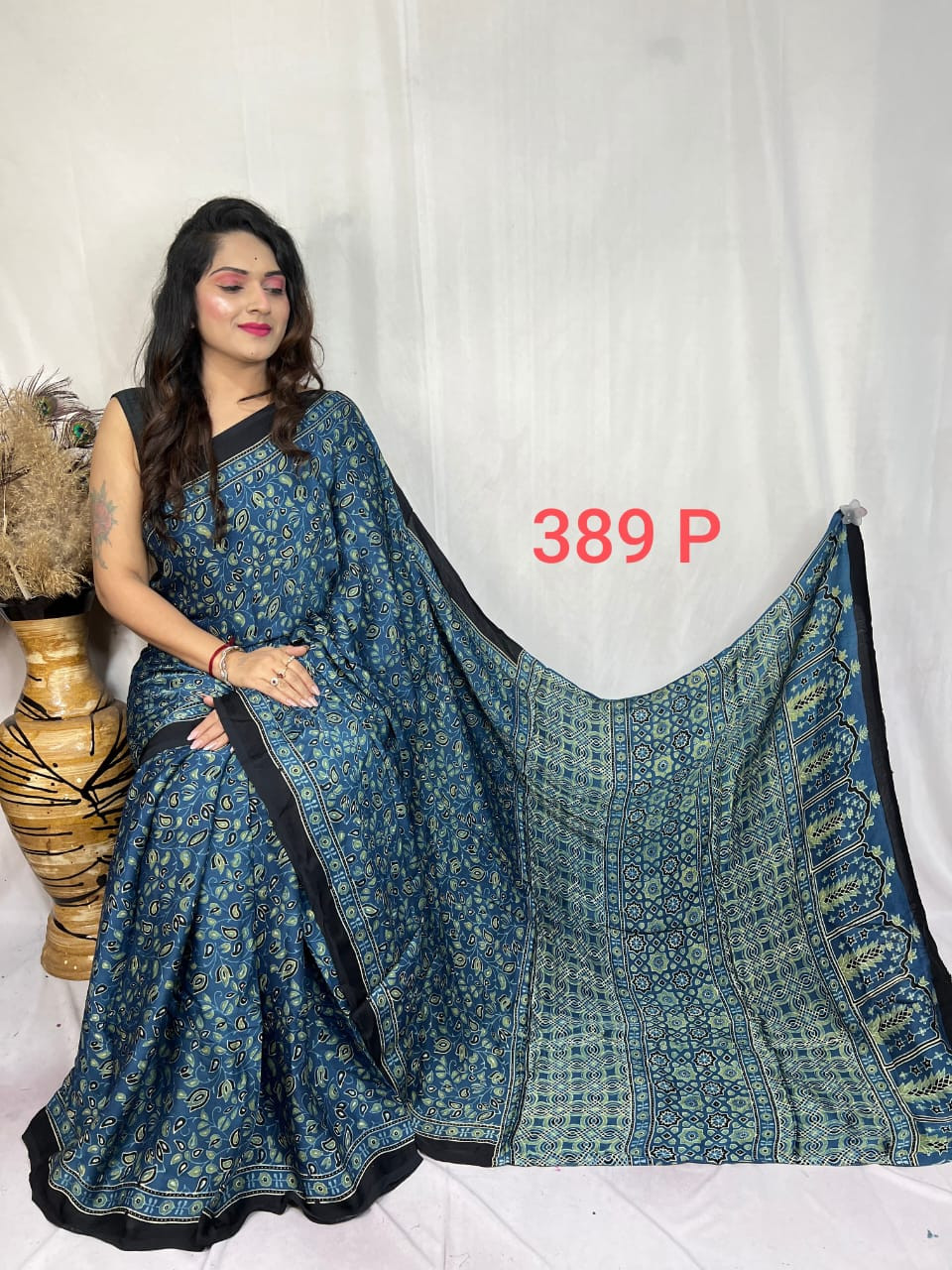 Indigo Blue Ajrakh Hand Block Print Modal Silk Saree.