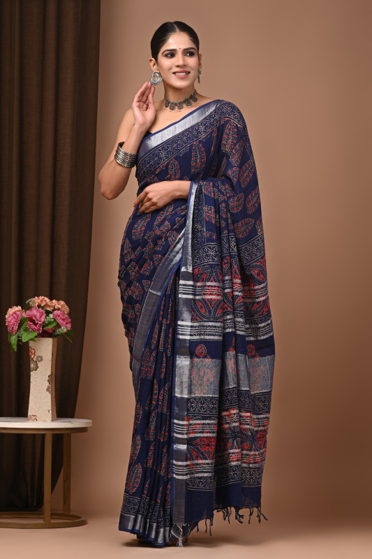 Navy Blue Leaf and Geometric Hand block printend soft linen fabric saree