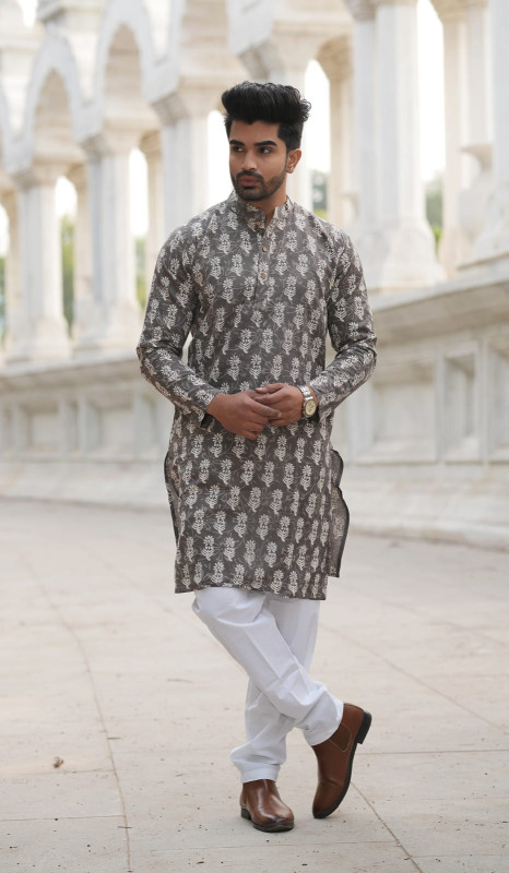 Grey Block Print Kurta with White Pyjama