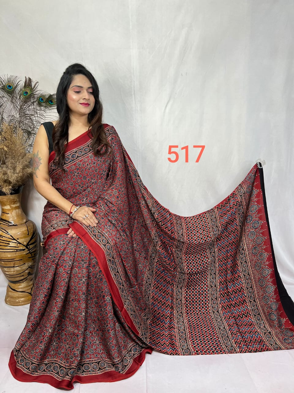 Red and Black Ajrakh Hand Block Printed Modal Silk Saree