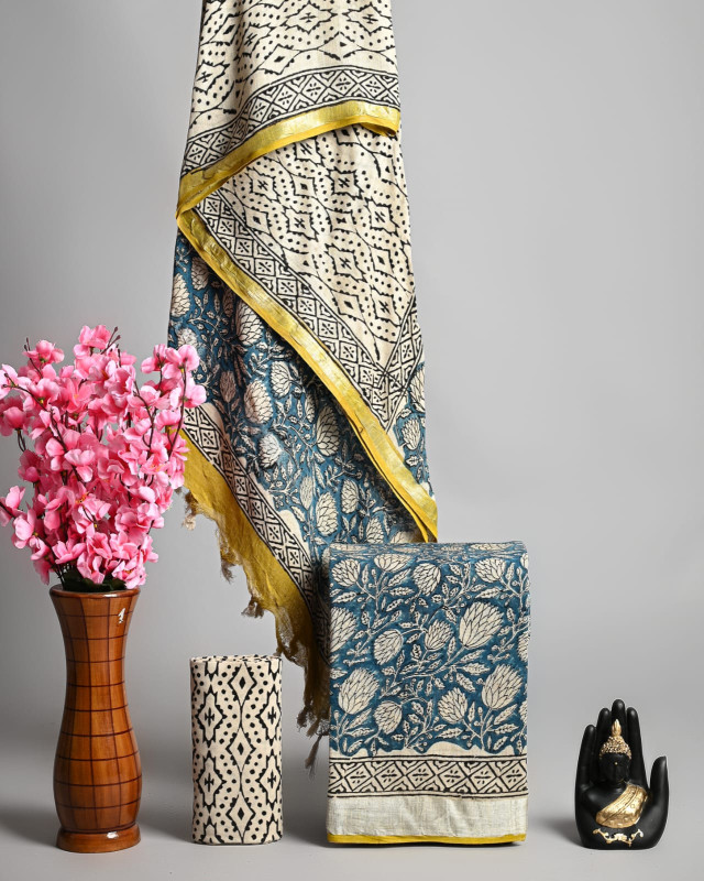 Teal Green And Cream Floral Hand Block Printed Suit