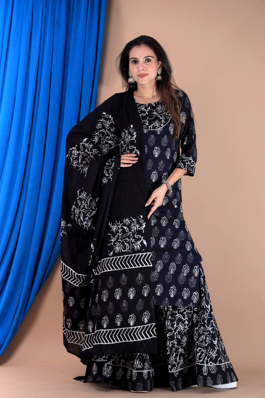 Black & White Hand Block Print Cotton Kurta & Sharara Set with Dupatta