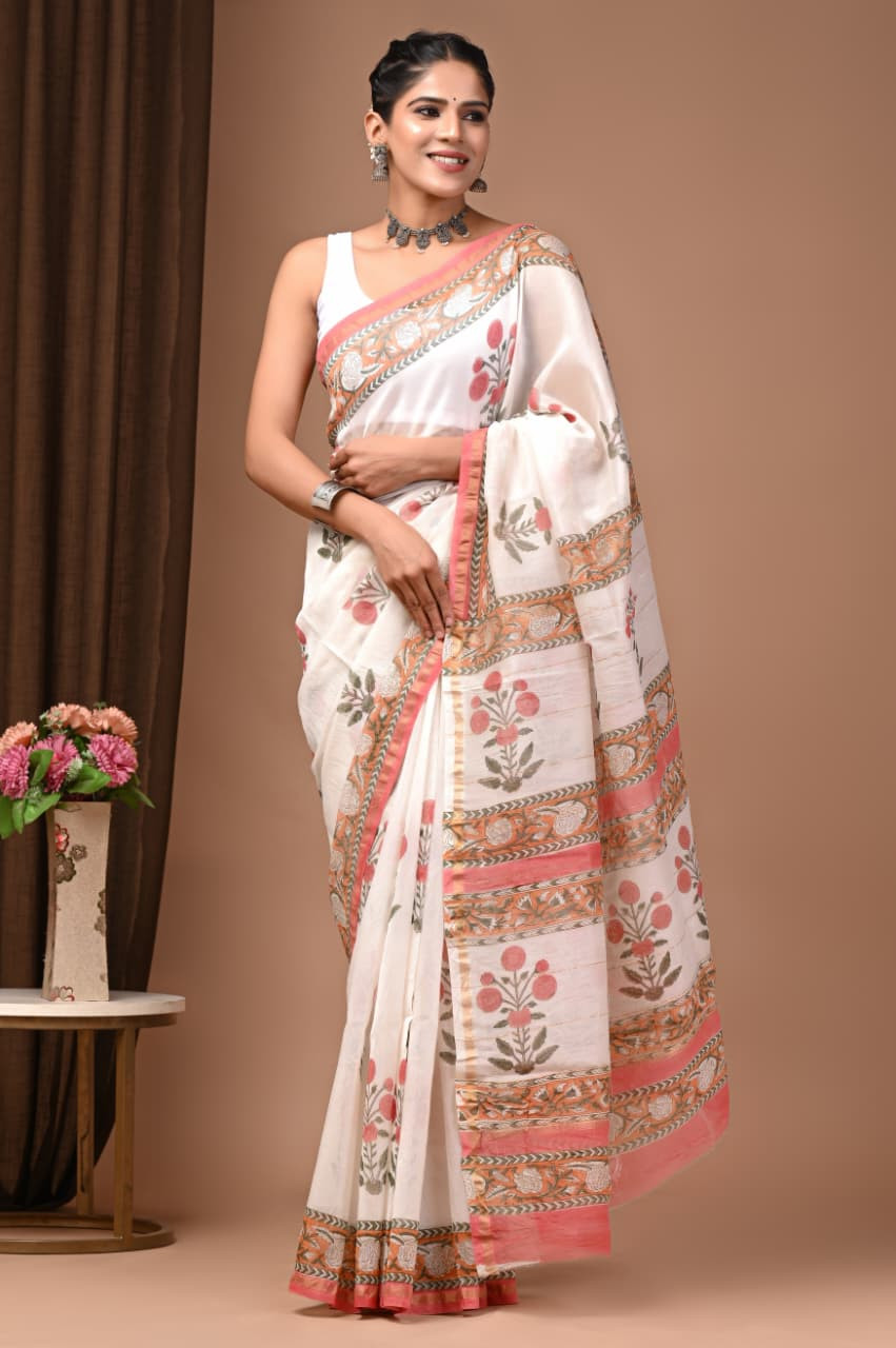 Peach Blossom: Hand-Block Printed Cotton Saree in White & Pink