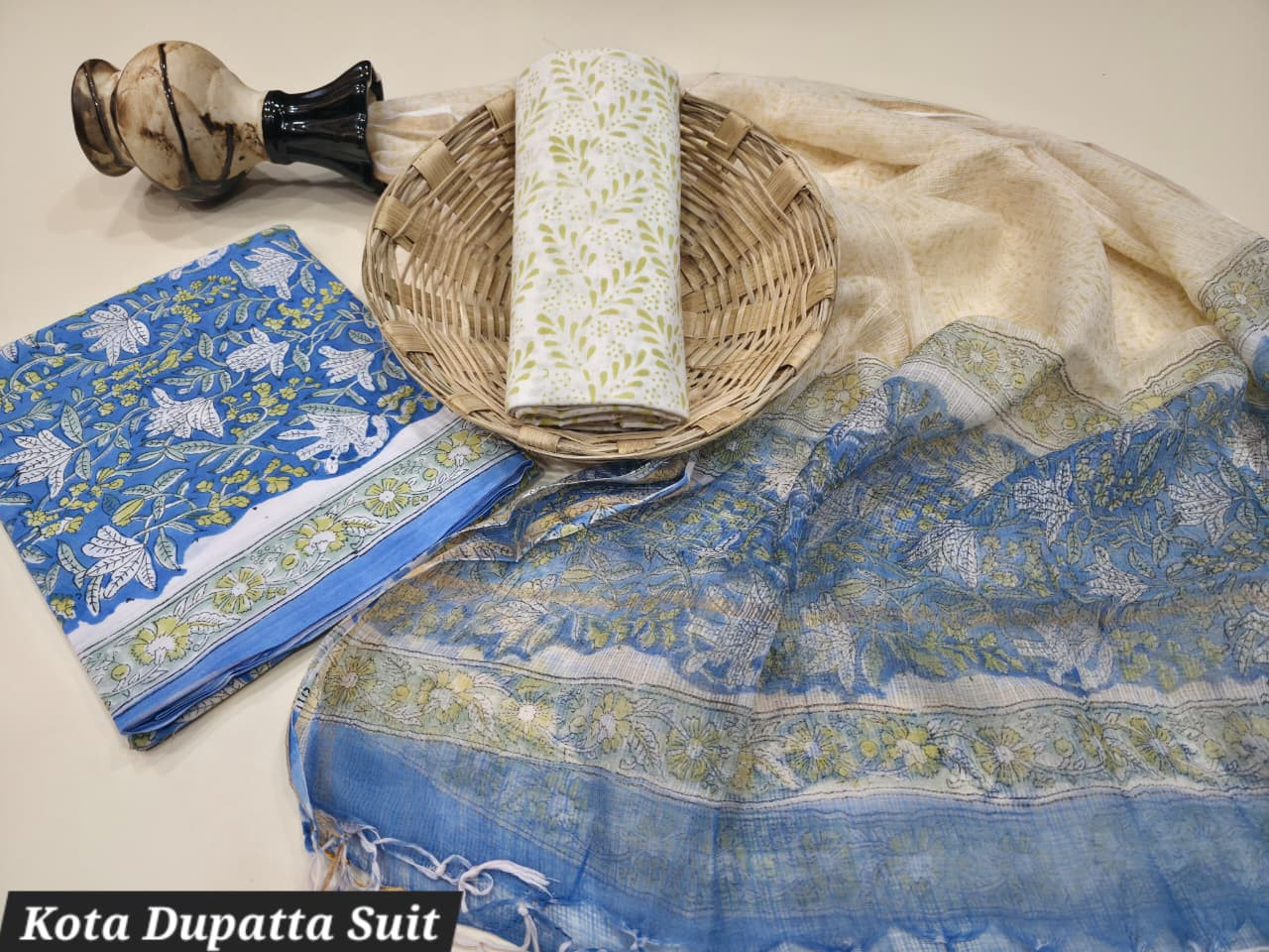 Blue and White Hand Block Printed Cotton Suit with Kota Doria Dupatta