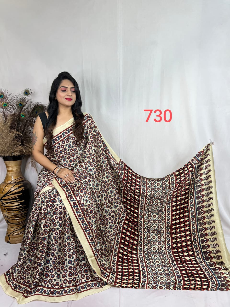 Cream and Maroon Modal Silk Ajrakh Print Saree