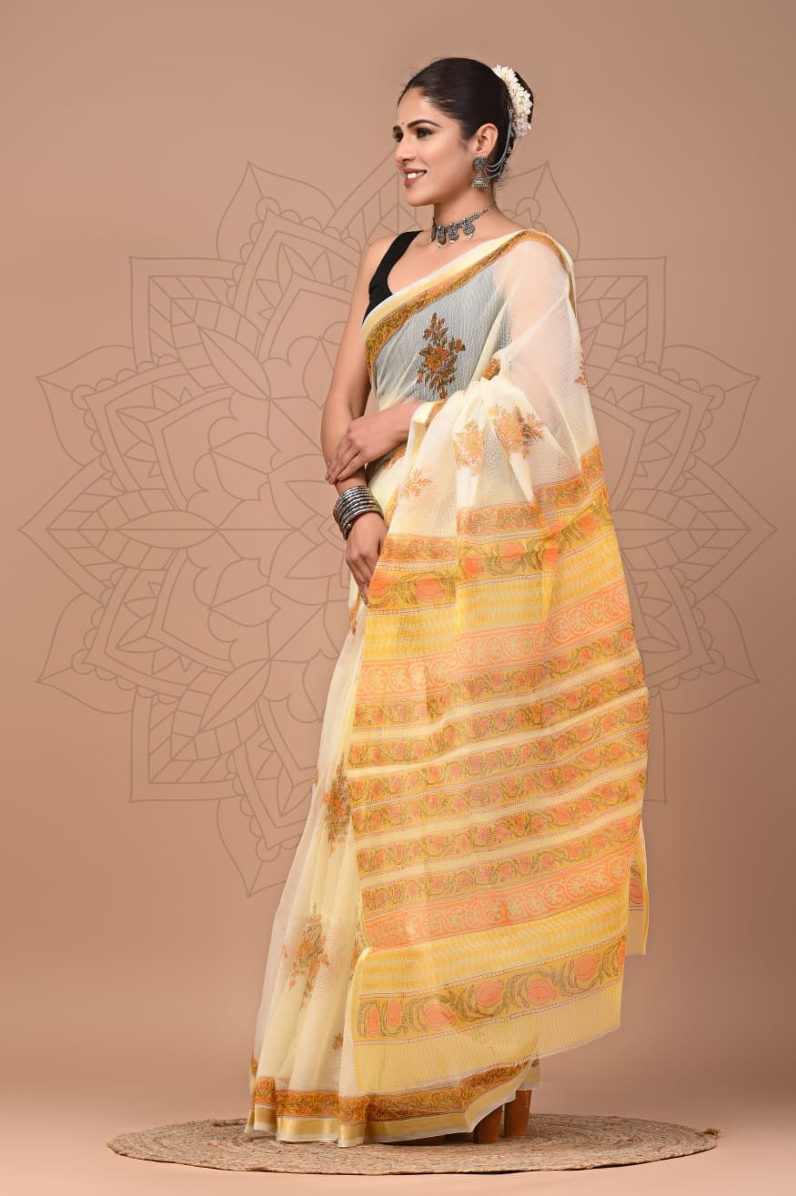 Yellow & Orange Hand Block Printed Kota Doria Saree