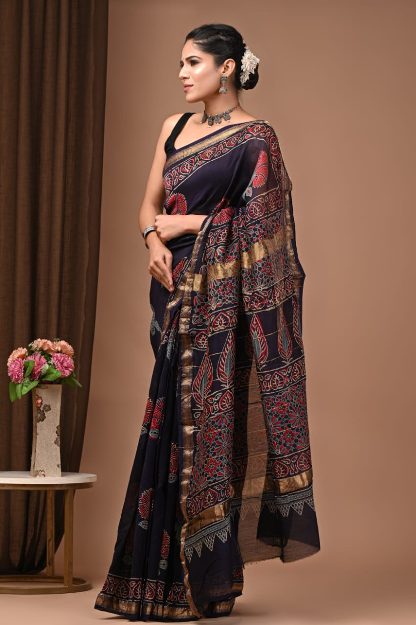 Navy Blue Hand Block Printed Maheshwari Silk Saree