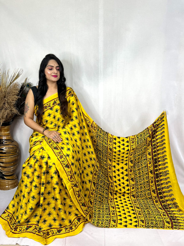 Yellow and Black Ajrakh Hand Block Printed Modal Silk Saree