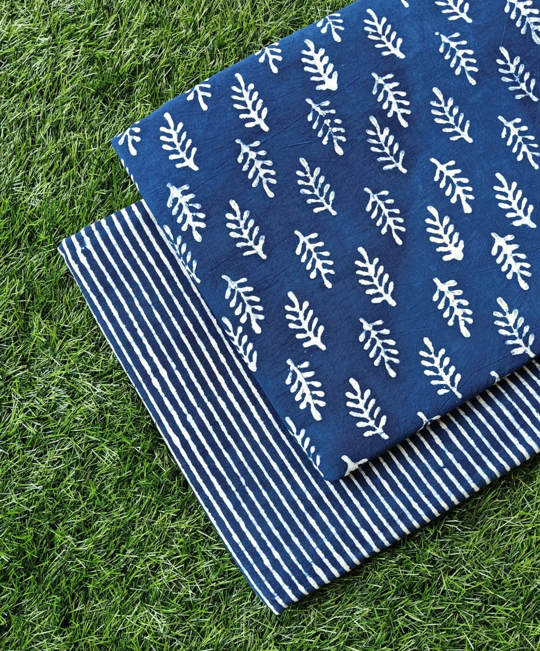Indigo Blue Leaf & Stripe Dabu Bagru Hand Block Print Cotton (60/60) Cambric Unstitched Suit Material (Top 2.50 MTR + Bottom 2.50 MTR)