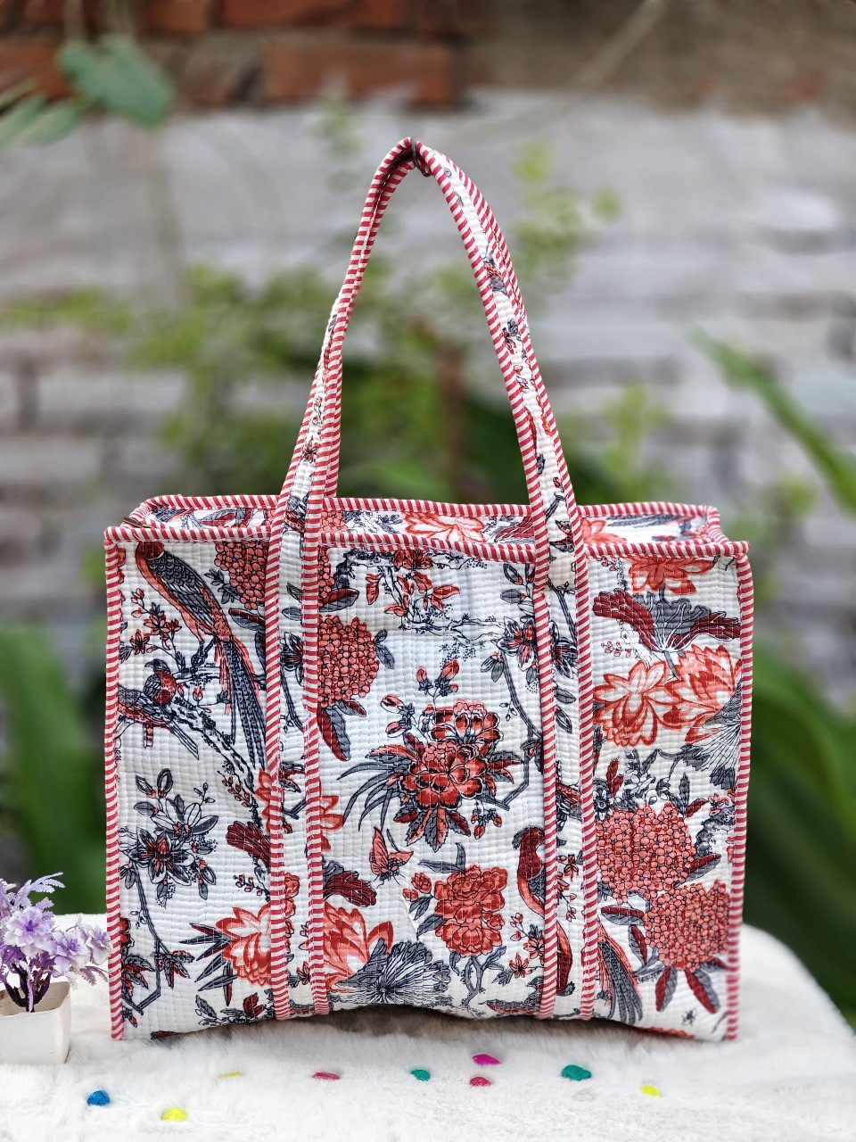 Crimson Garden Quilted Cotton Tote Bag