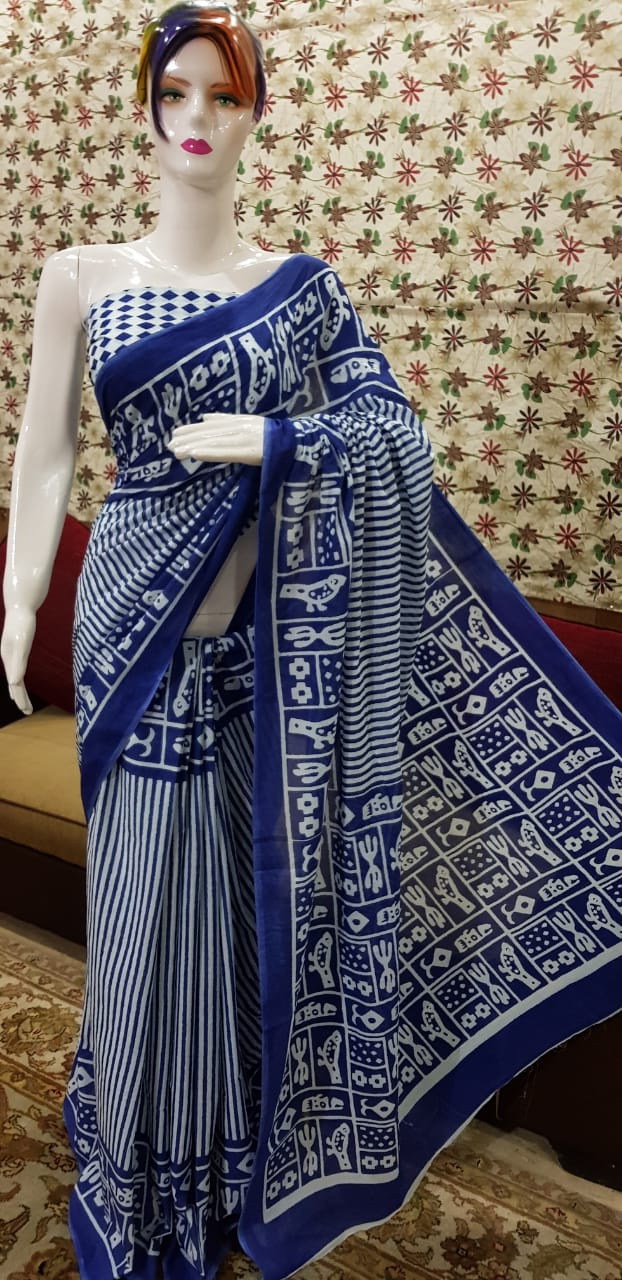 Vibrant Royal Blue and White Cotton Saree with Traditional Bird and Geometric Block Prints.