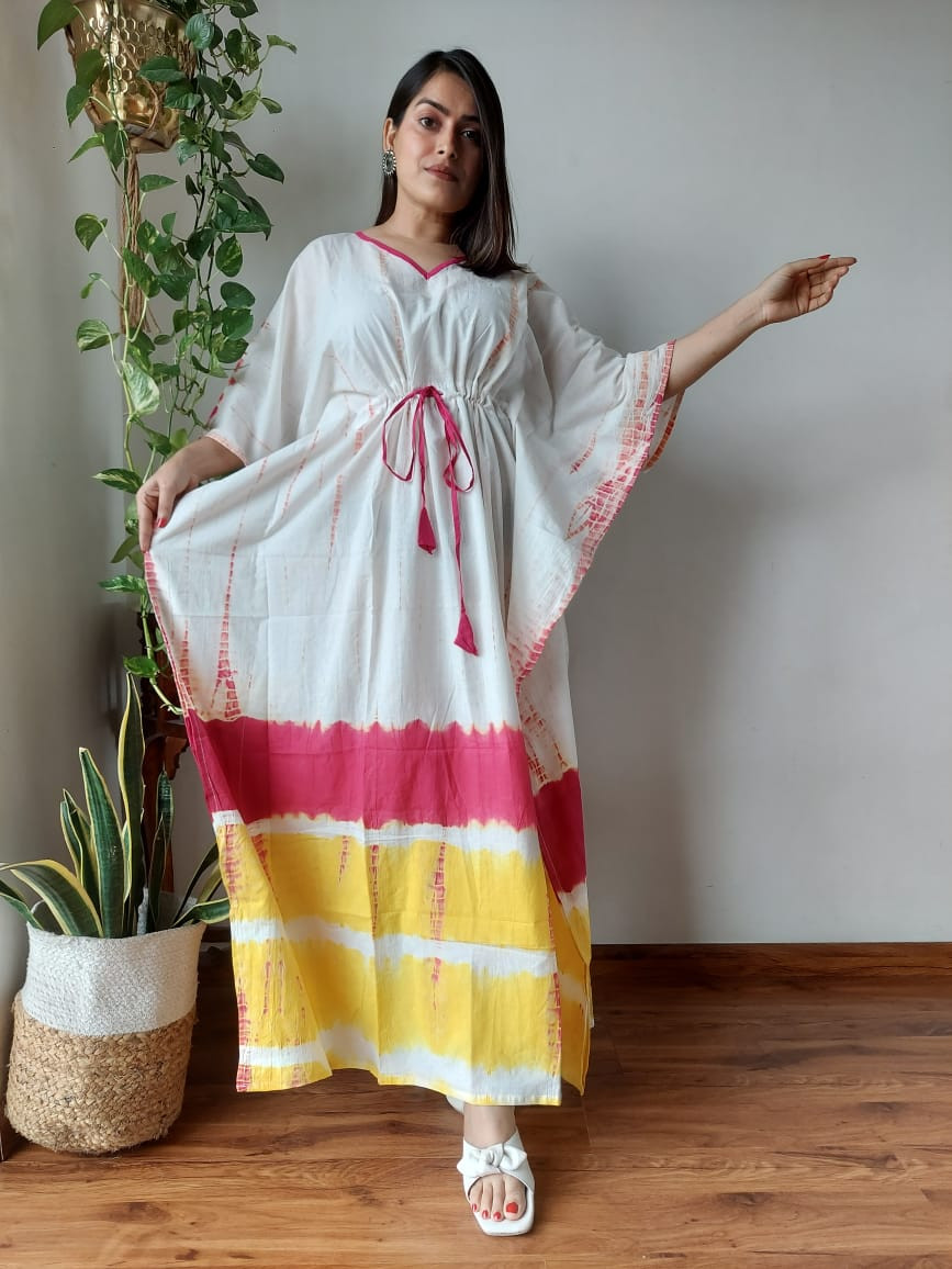 Languid White Block Printed Long Kaftan for Women