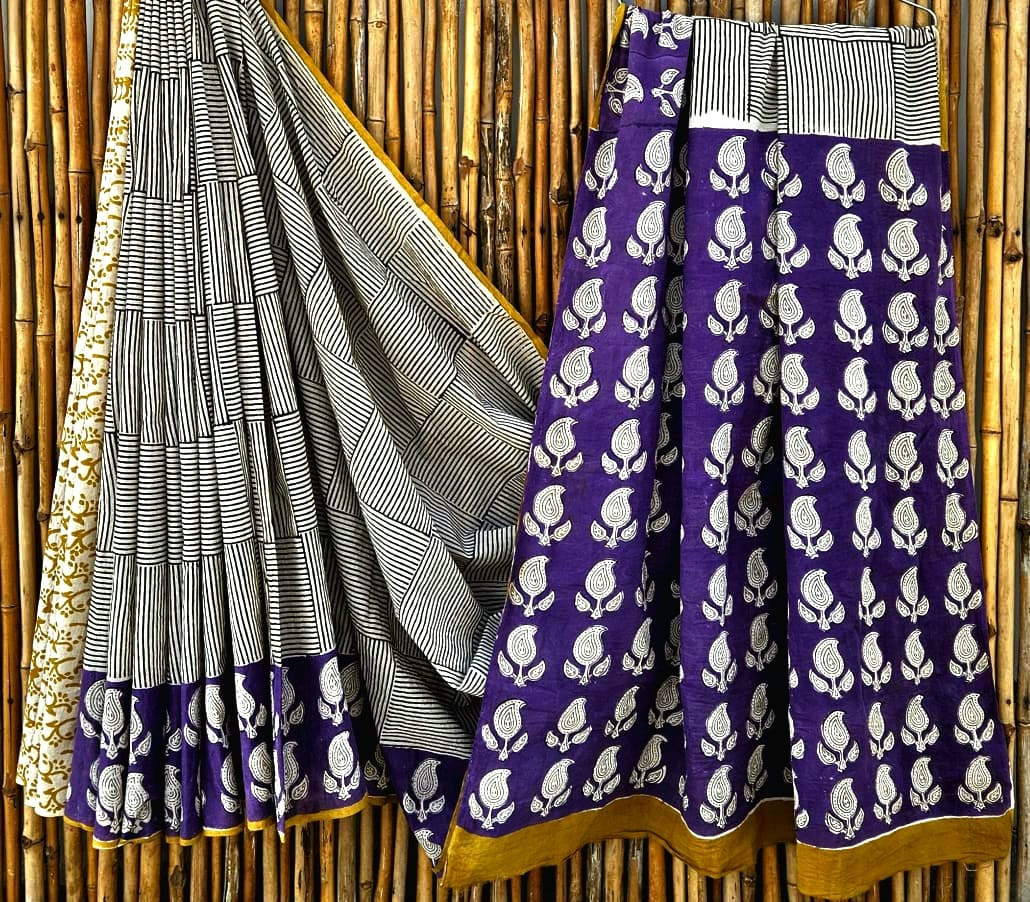 Blue silver Hand Block Printed 100% Pure Mulmul Cotton Saree (6.5 Mtrs, 92*80)