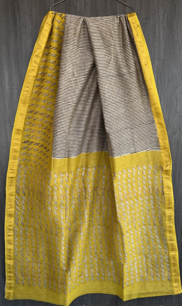 Mustard Yellow & Ivory Cream Hand Block Printed Maheshwari Silk Saree with Blouse