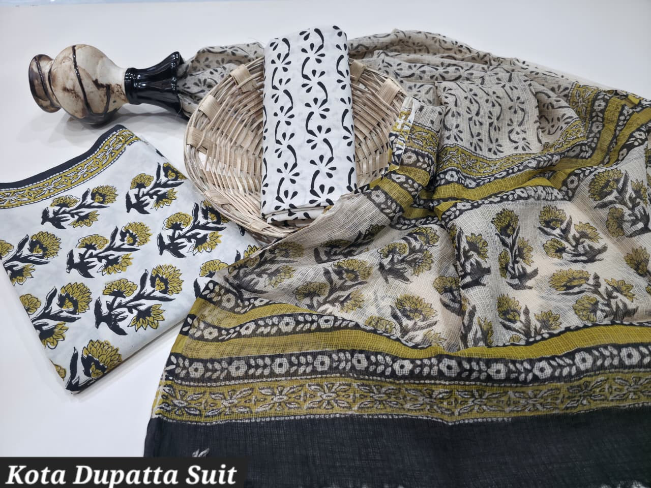 Off-White & Mustard Floral Hand Block Print Cotton Suit with a Kota Doria Dupatta.