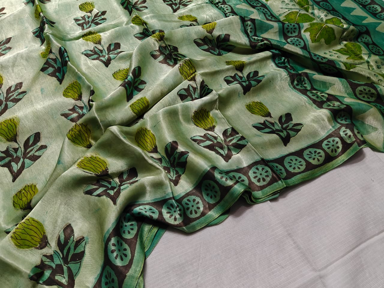 Light green saree with flower hand block print  Ajrk Vanaspti silk saare