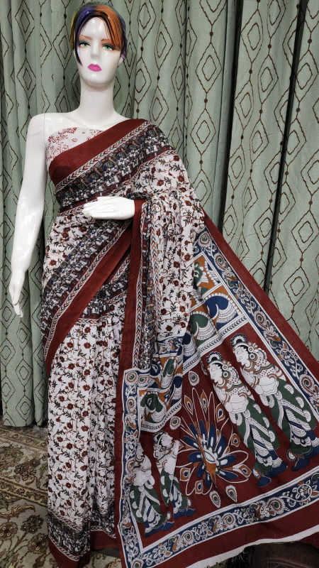 Maroon and White Kalamkari Print Saree with floral vines and traditional mythological figures.