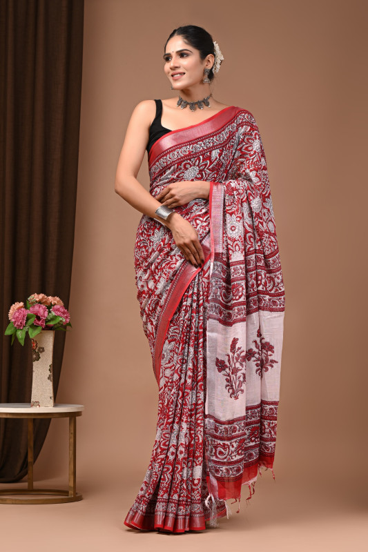 Rich Red  Floral Handblock Printed Red Linen Saree