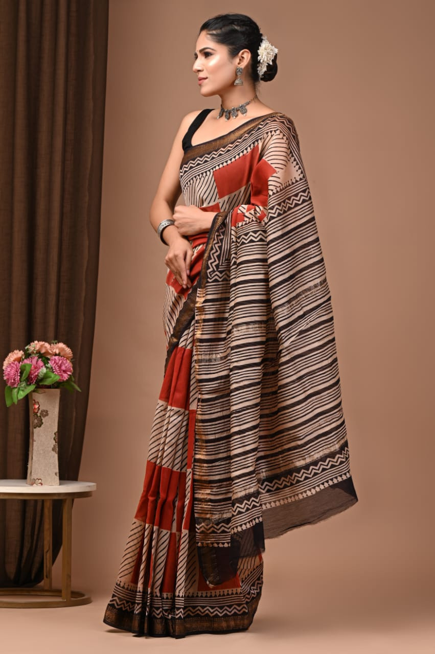 Maroon, Beige, and Black Geometric Block Print Mulmul Cotton Saree
