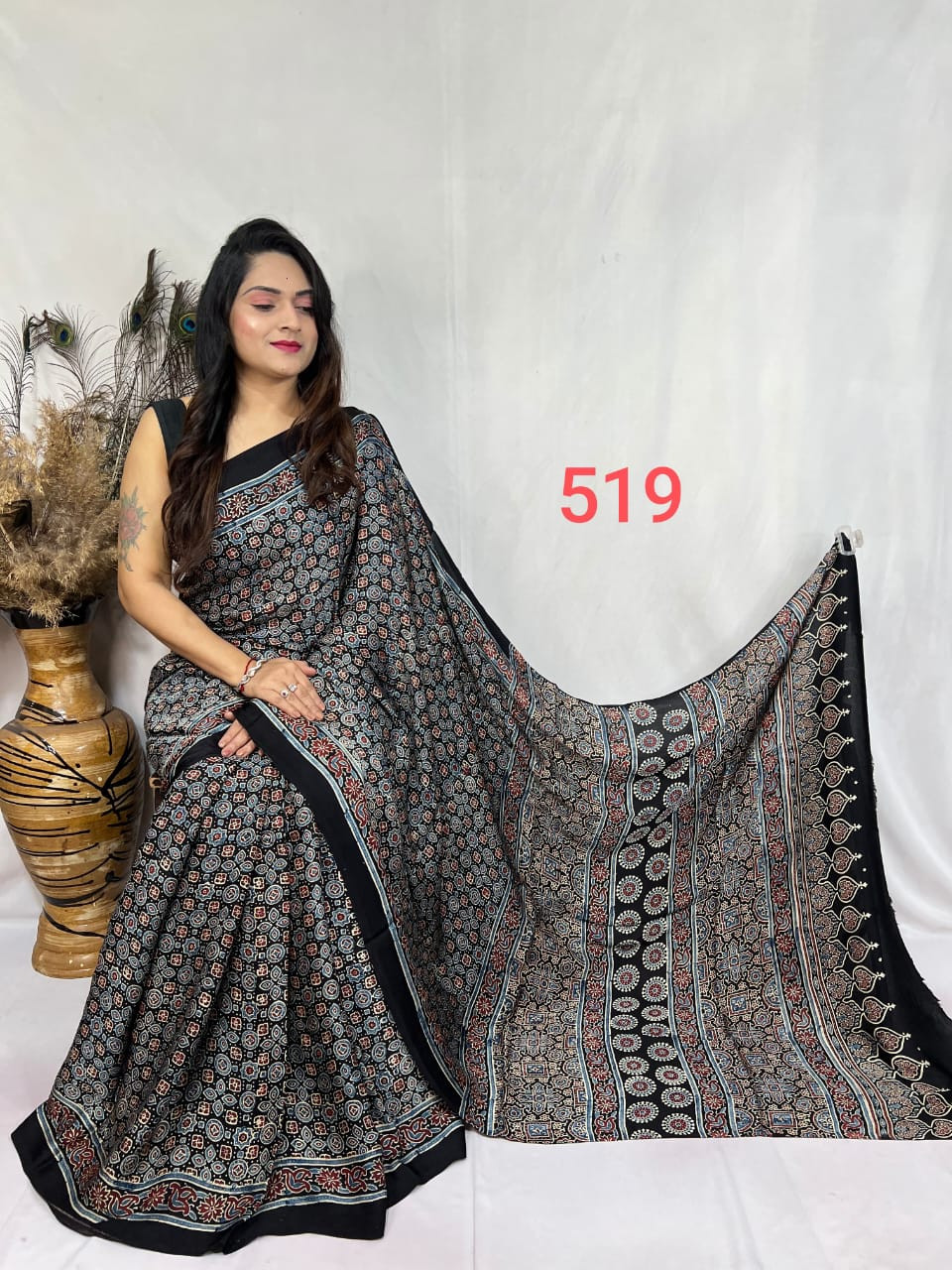 Black and Multicolor Modal Silk Ajrakh Print Saree