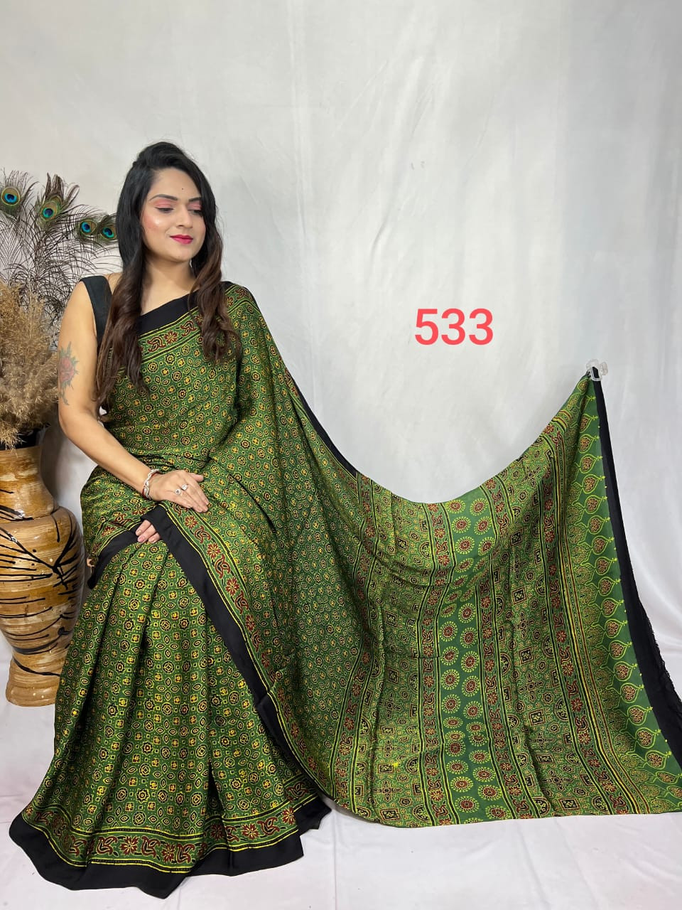 Green and Black Ajrakh Hand Block Print Modal Silk Saree.