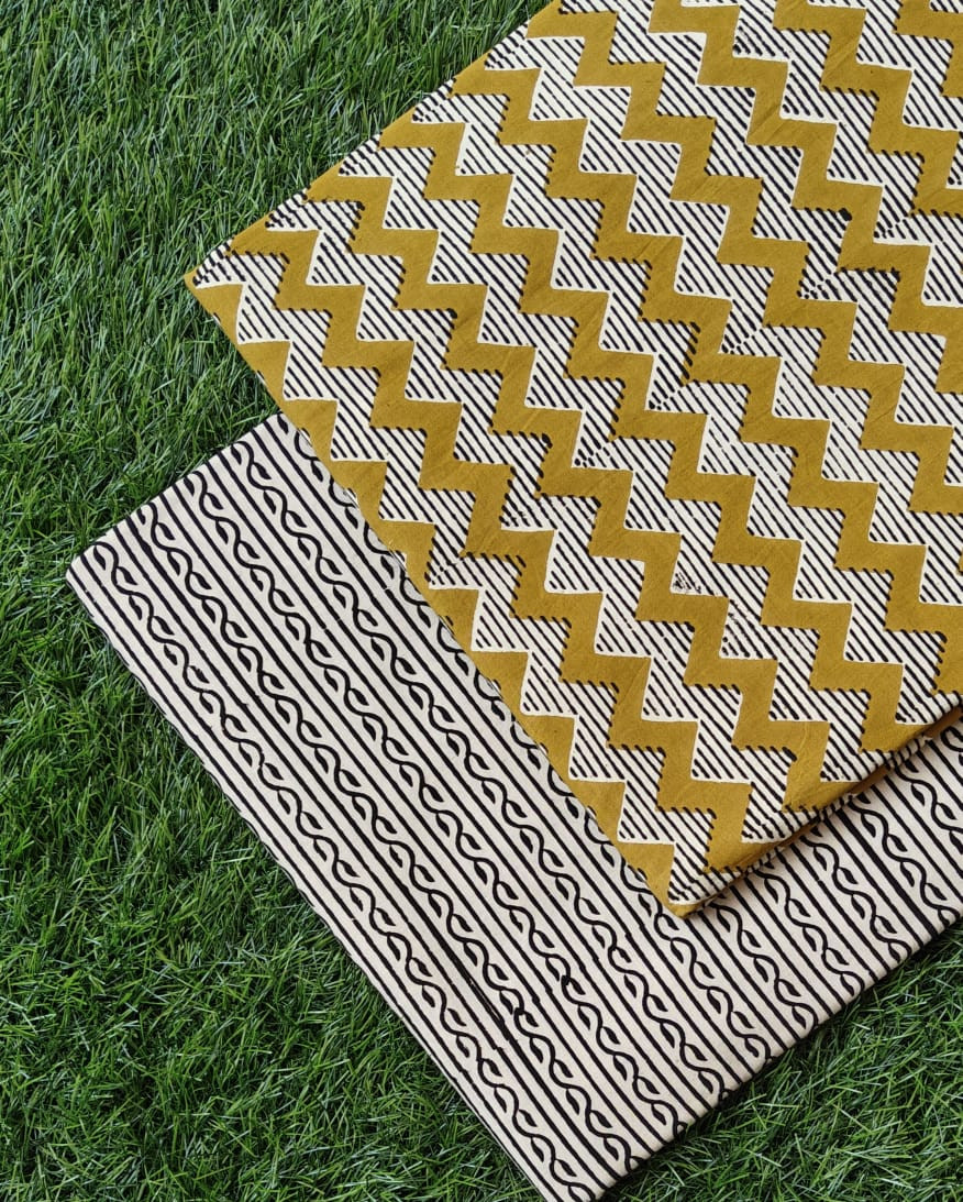 Mustard Yellow & Black Zigzag Handblock Printed Cotton Suit Set Top 2.50 MTR +Bottom 2.50 MTR is