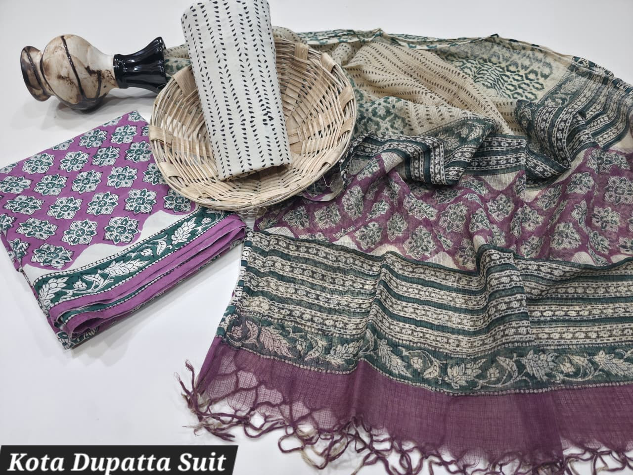 Purple and White Hand Block Print Cotton Suit with Kota Doria Dupatta.
