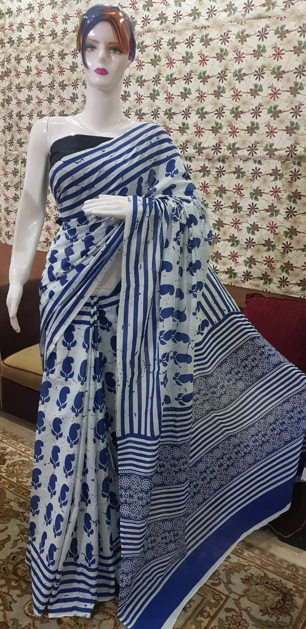 Blue and White Batik Print Saree with floral paisley and striped patterns.