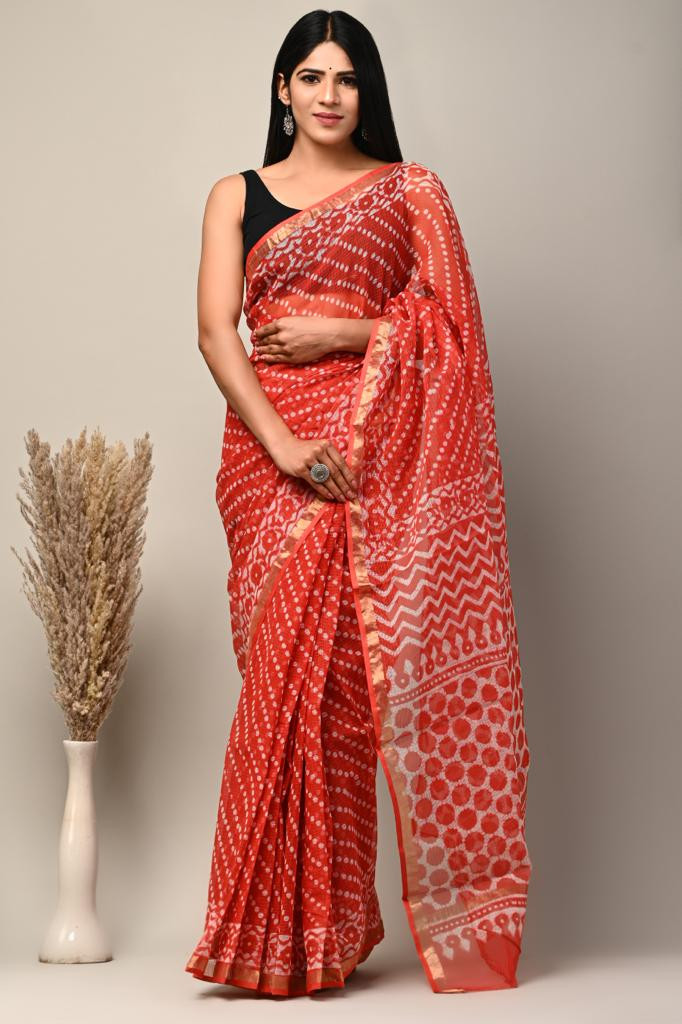 Red & White Hand Block Printed Kota Doria Saree