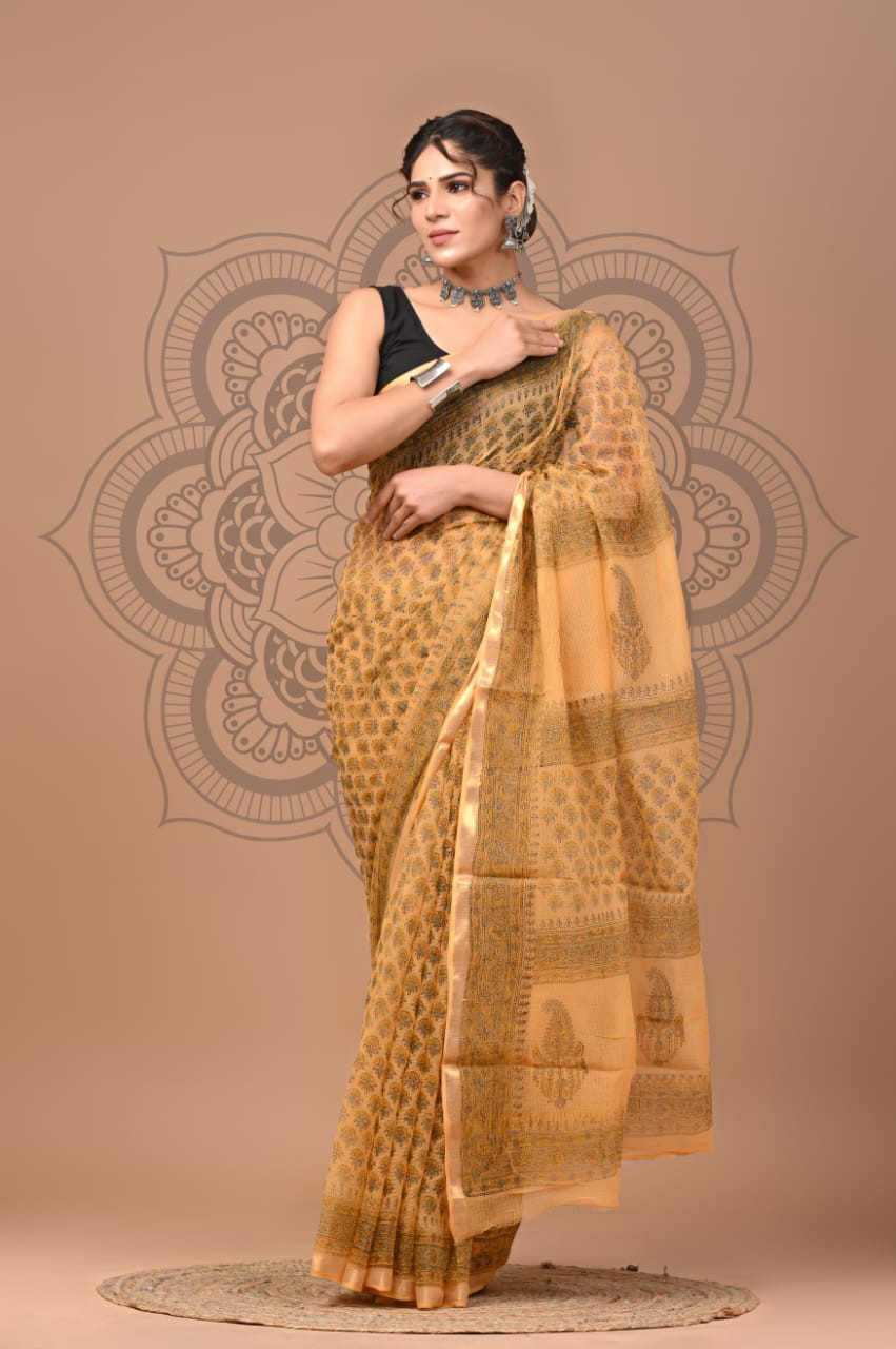 Golden Yellow Hand Block Printed Kota Doria Saree