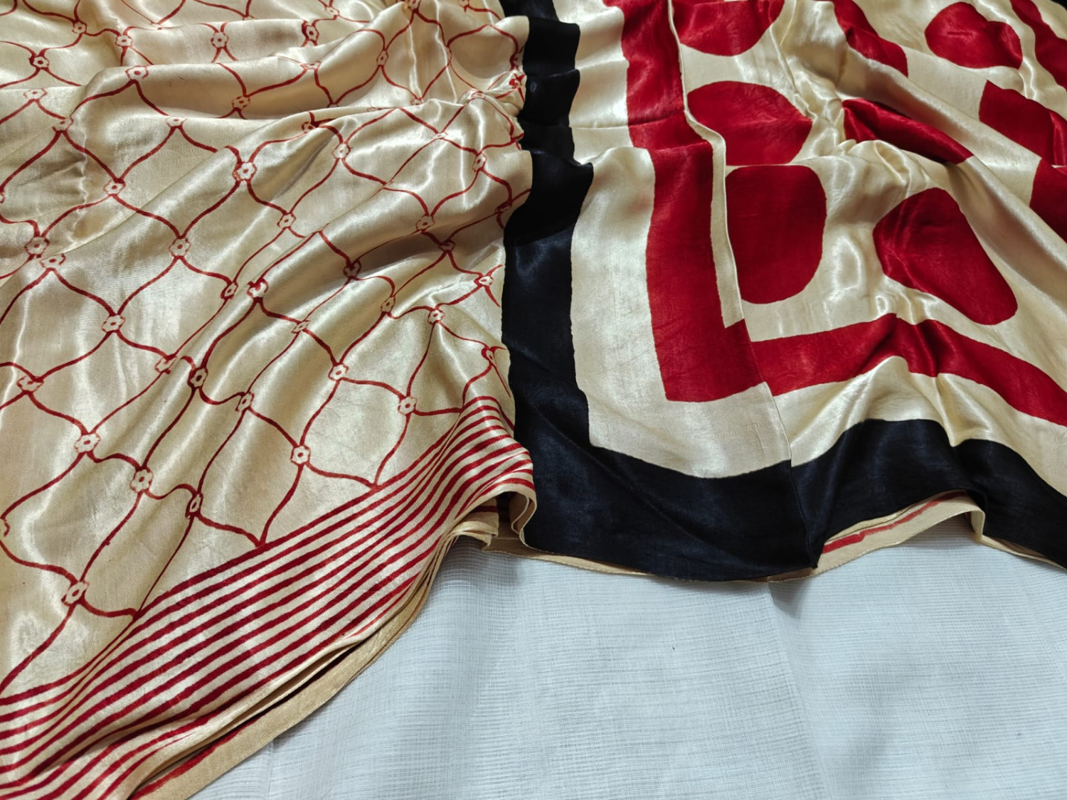 Cream & Red Geometric  hand block  AJRK Print Silk Saree