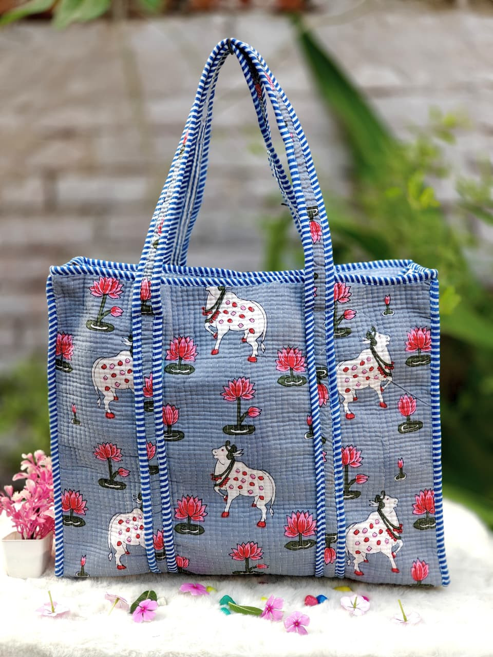 Alice blue and white striped Quilted Cotton Pichwai Cow Print Tote Bag