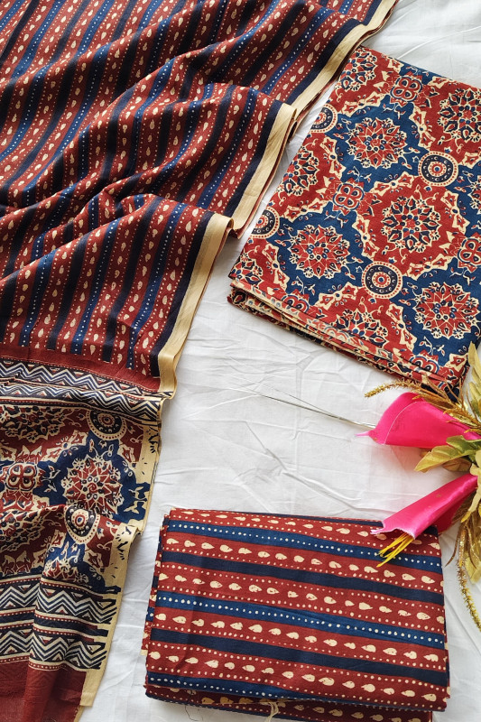 Maroon and Navy Blue Ajrakh Unstitched Suit Set for Women 2.5 Mtr Top, 2.5 Mtr Bottom, and 2.5 Mtr Dupatta