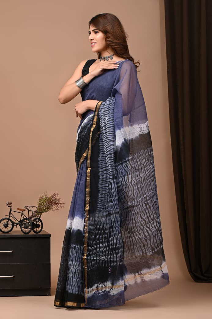 Black & Blue Kota Doria Saree Handmade Dabu/Bagru Hand Block Printed