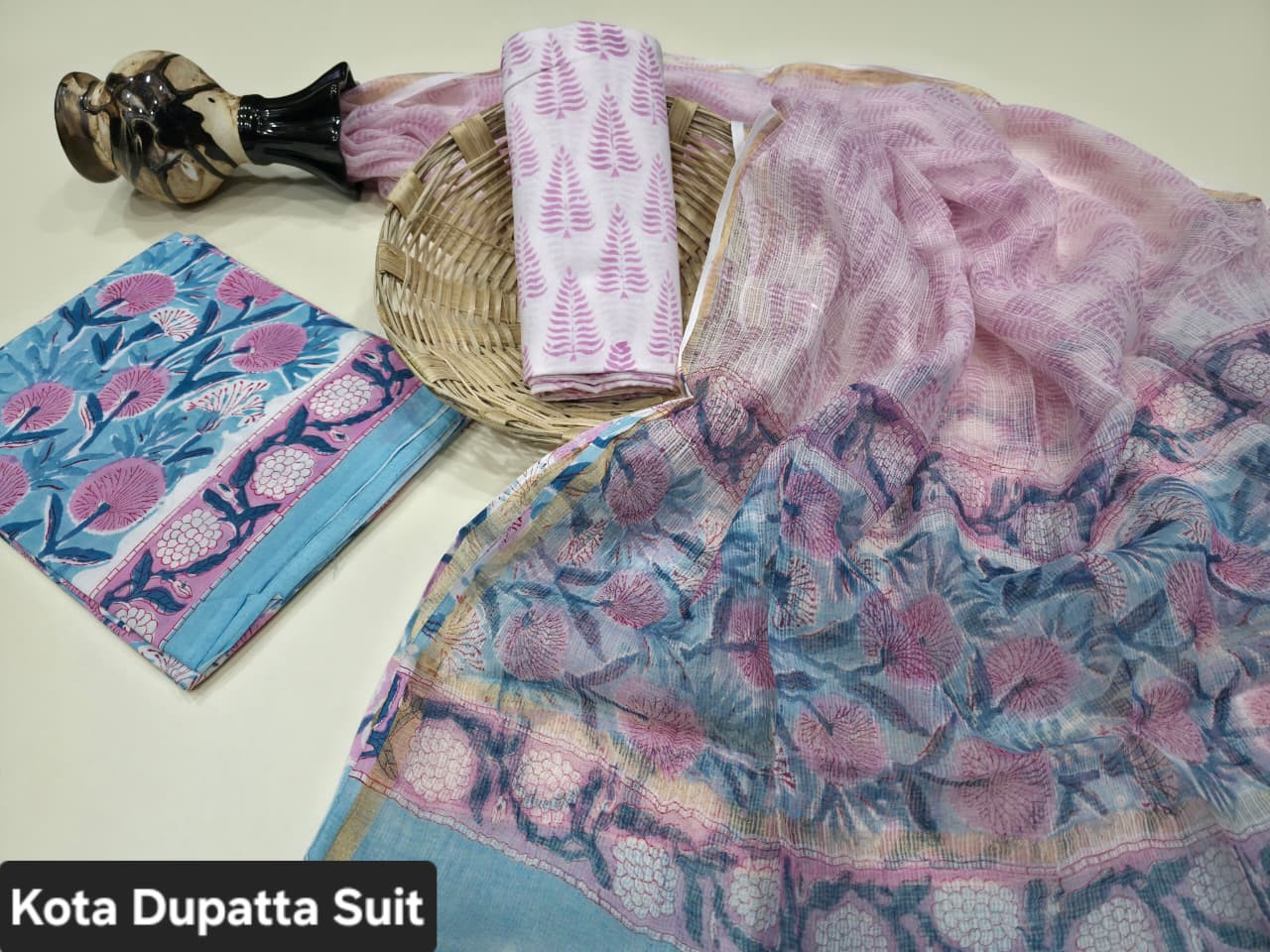 Blue and Pink Floral Hand Block Print Cotton Suit with Kota Doria Dupatta.