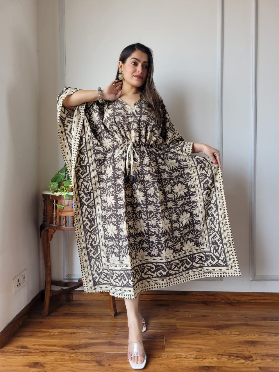 Casual Wear Block Print Cotton Kaftan, Size: Free size