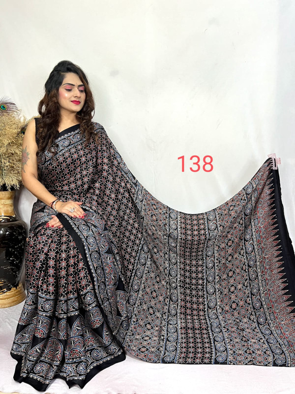Black, Red, and Blue Ajrakh Hand Block Print Modal Silk Saree.