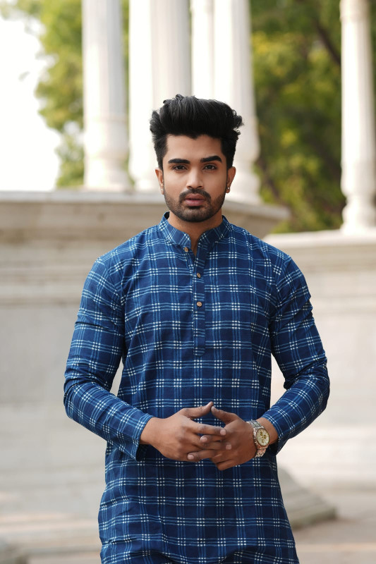 Blue and White Checked Kurta