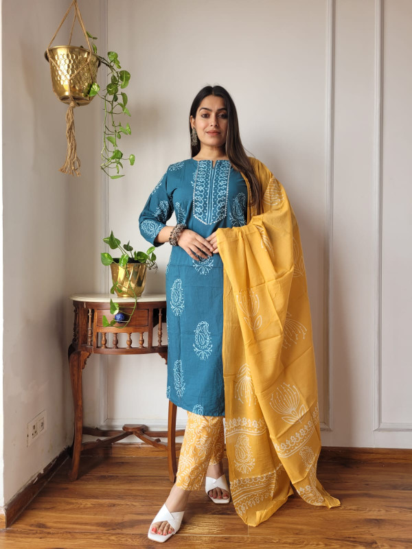teal/navy blue and mustard yellow hand block printed cotton kurta, pants, and dupatta suit set