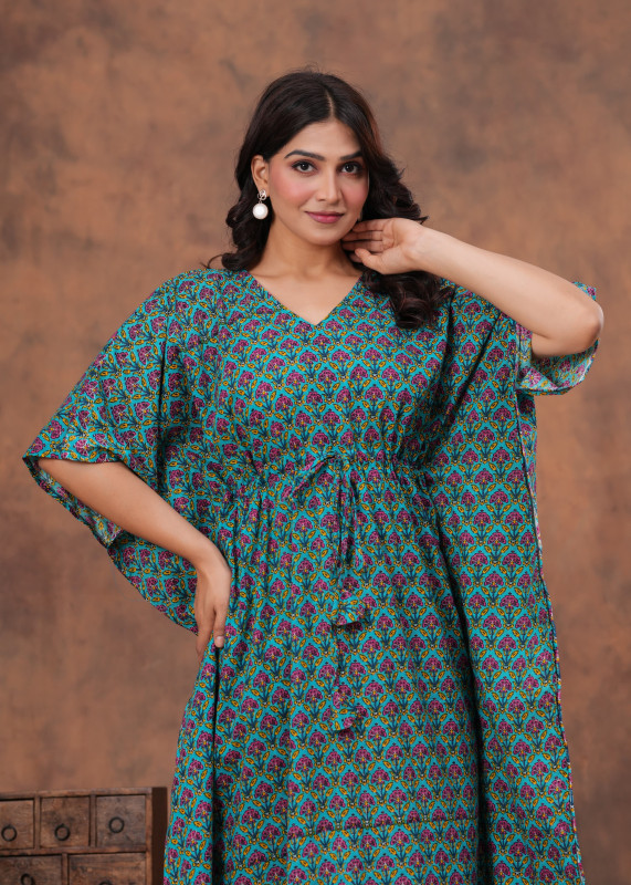 Turquoise Floral Print Cotton Kaftan