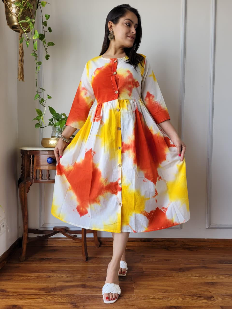 Orange, Yellow, and White Tie-Dye Cotton One Piece Dress