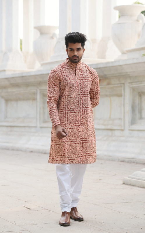 Red/Maroon and White Block Print Kurta with White Pyjama