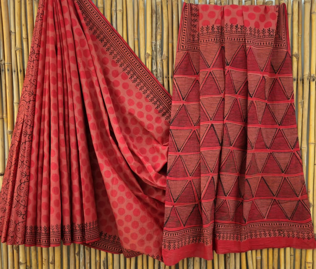 Carrot Red & Black Hand-Block Printed Mulmul Cotton Saree with Blouse (6.5 Meters, 92*80, 100% Pure Cotton Fabric)
